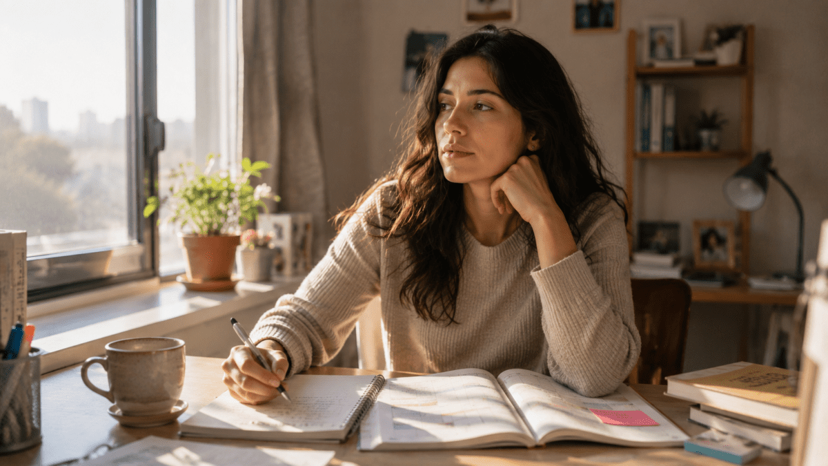 Woman pausing mid-thought at her desk with a planner, caught in the stalled launch before restarting.