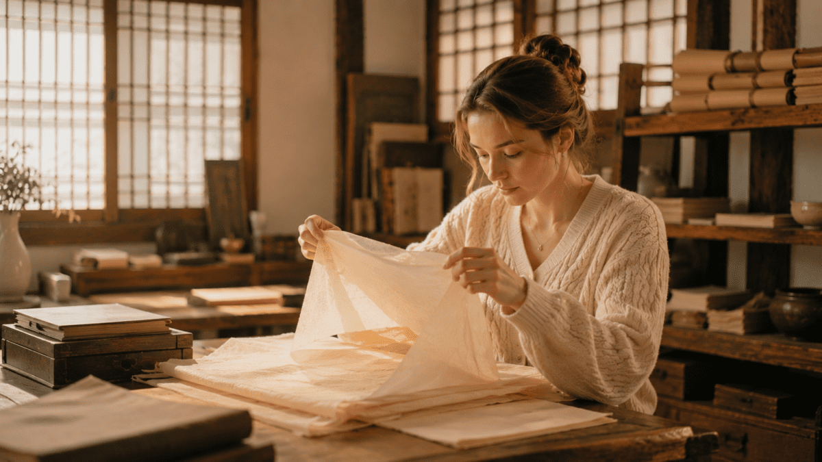 Woman lifting a translucent layer of hanji paper at a wooden desk, revealing the layers behind the twelve earthly branches meaning.