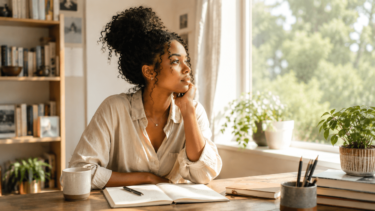 Woman at her desk gazes out the window, reflecting on how the human design types shift year to year.