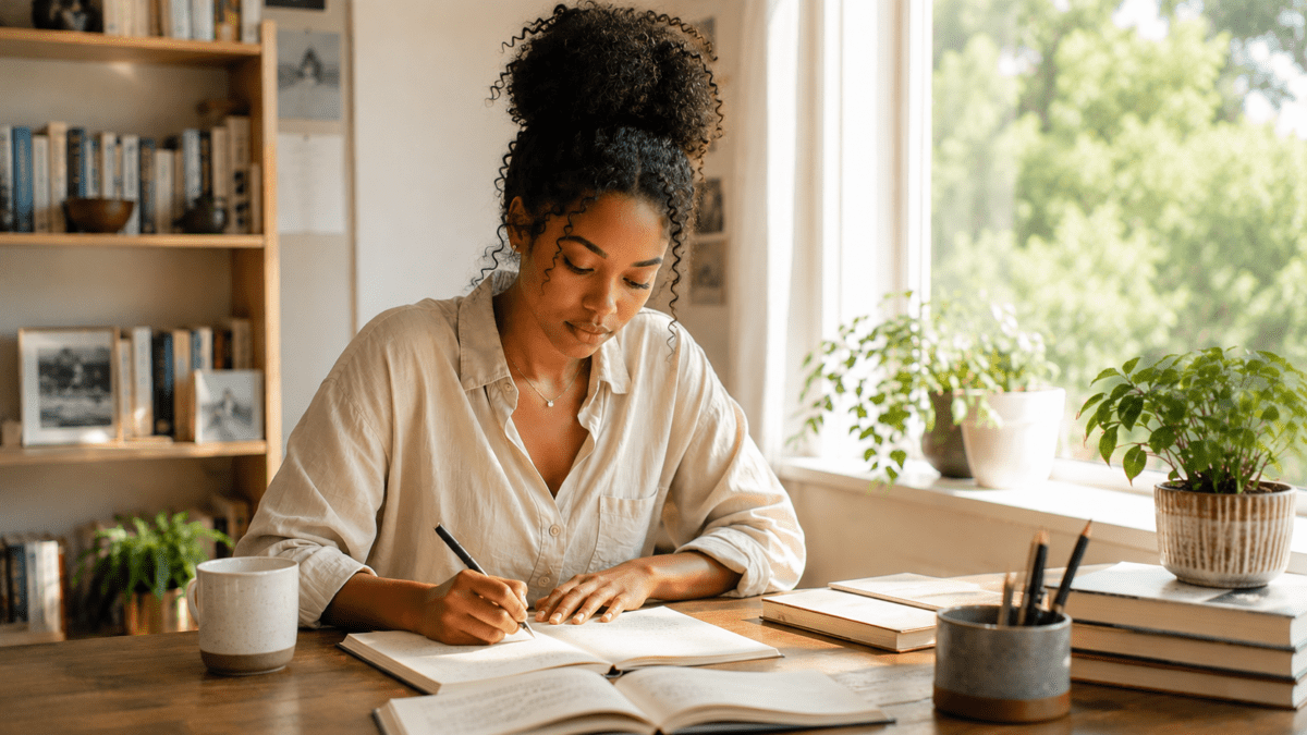 Woman writes in her notebook, mapping the conditions that shape how her year unfolds.