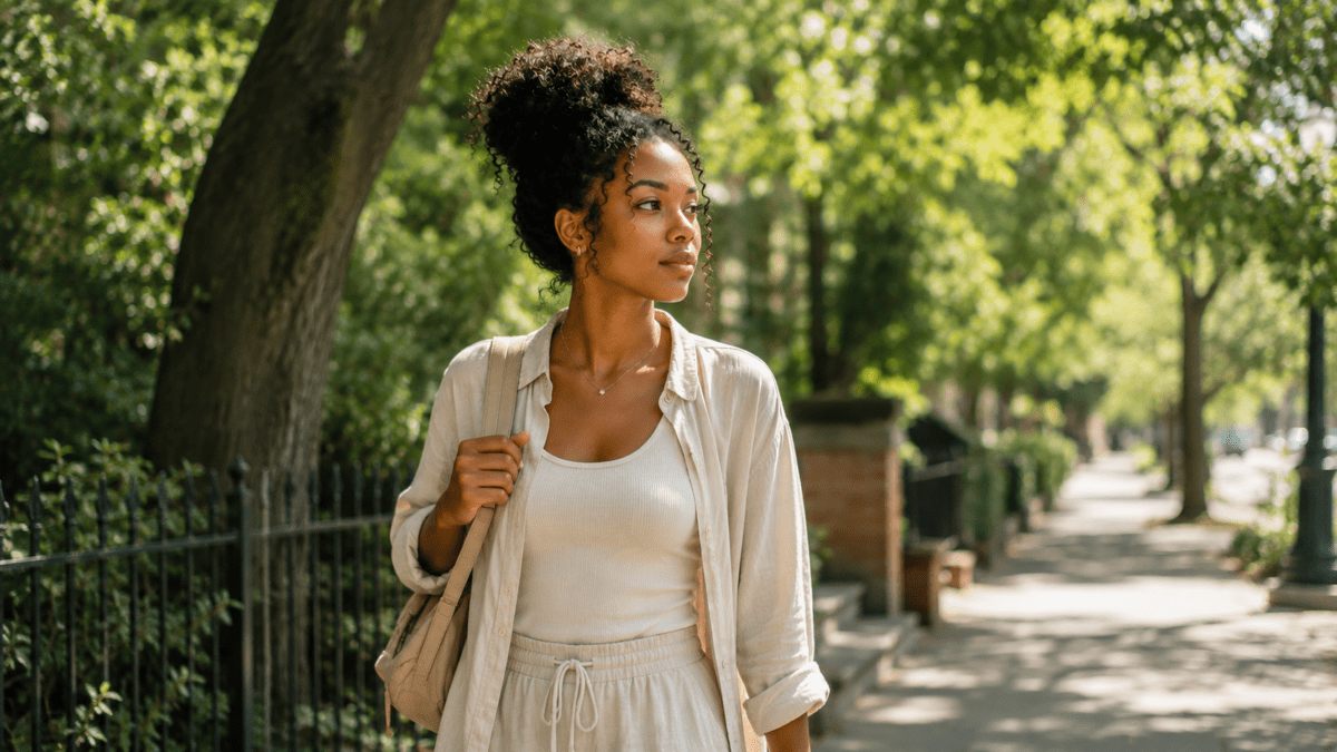 Woman walks outdoors with direction, moving through changing conditions toward her own path.