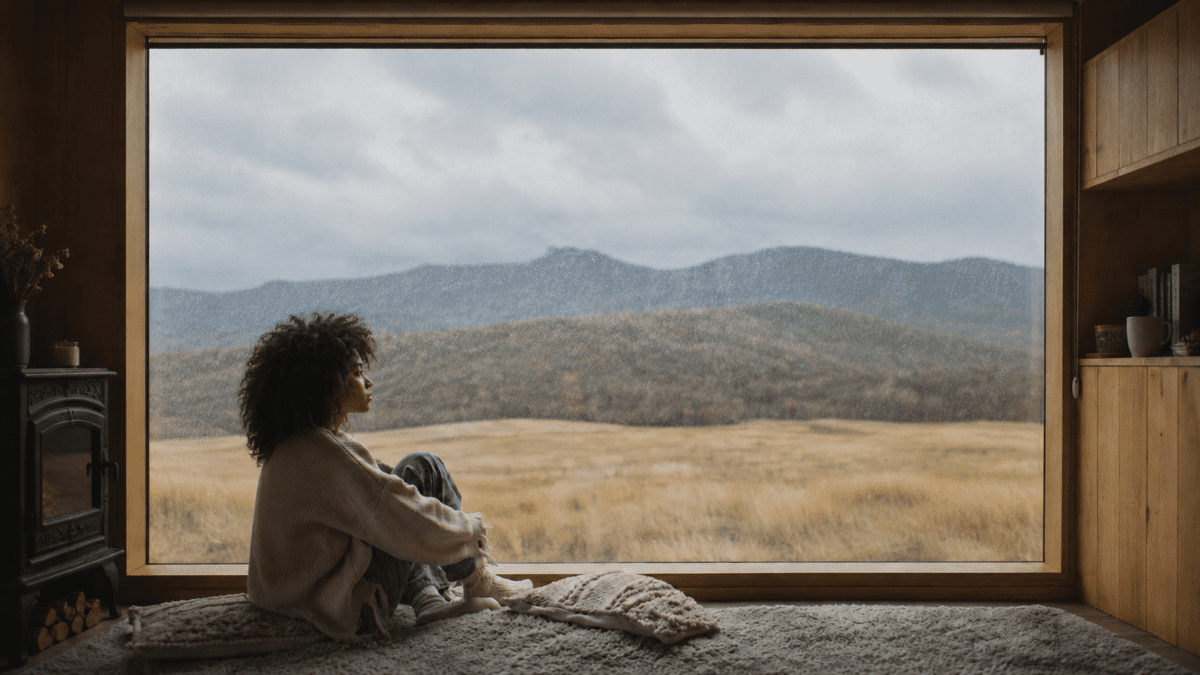 Woman sitting peacefully by a large window overlooking vast mountains and fields, a moment of stillness where unconditional safety becomes tangible—not through more achievement, but through finally stopping long enough to recognize it was always there.
