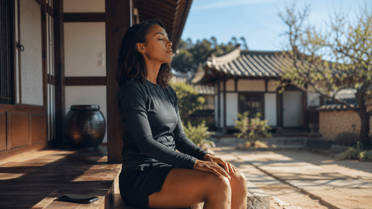Woman resting on a hanok porch in morning light, phone set aside—her first taste of unconditional safety
