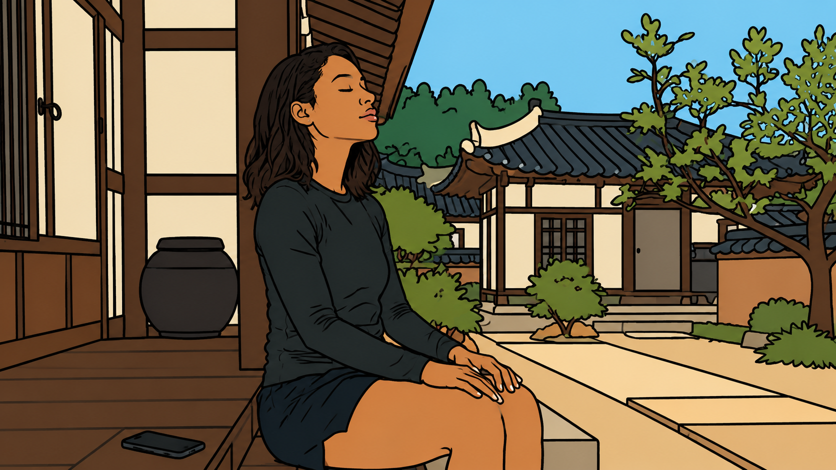 Illustration of a woman resting on a hanok porch in morning light, a quiet moment of unconditional safety