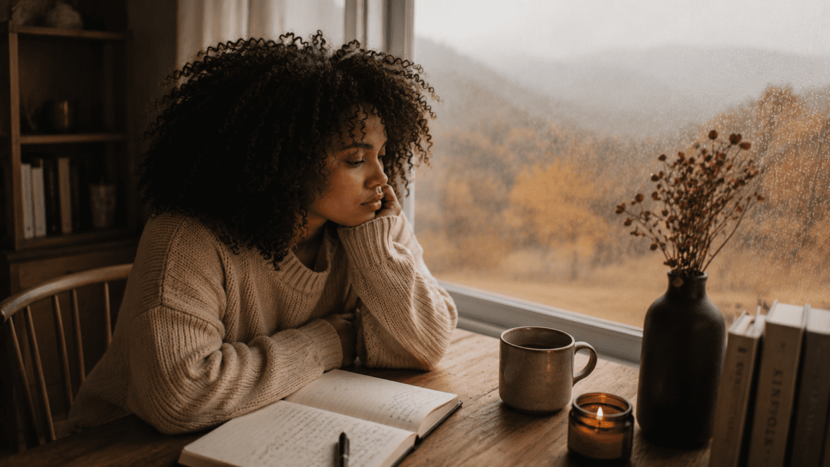 Woman sitting thoughtfully at a window with an open journal, warm cup, and candle, gazing at the autumn landscape—a moment of unconditional safety where exhaustion becomes reflection, and stopping becomes an act of self-recognition rather than failure.