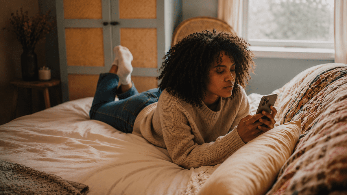 Woman resting comfortably on her bed, phone in hand, in a peaceful moment that represents the shift from anxious checking to conscious presence—where unconditional safety means being able to pause without fear of what you might miss.