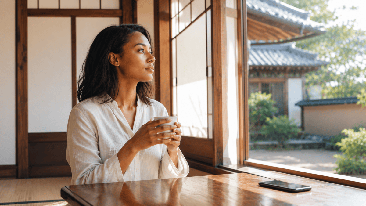 Woman holding a cup of tea in a bright hanok room, learning that unconditional safety needs no proof