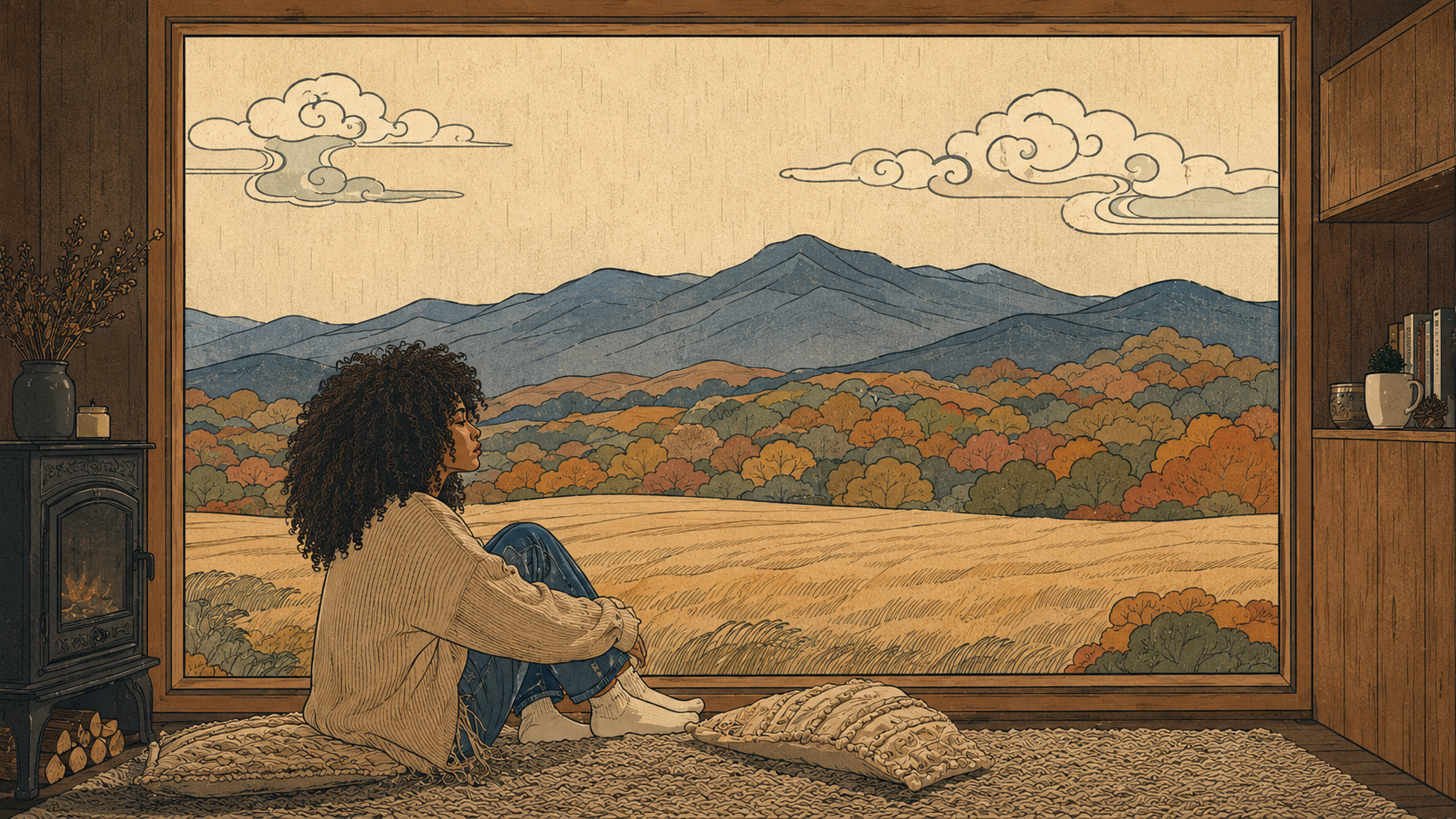 Korean folk art-style illustration of a woman sitting peacefully inside, gazing through a large window at endless mountains and fields—embodying unconditional safety as the moment when stopping becomes arrival, and presence becomes enough.