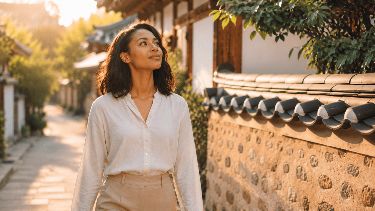 Woman walking slowly through a hanok alley at golden hour, no longer running—unconditional safety settling in