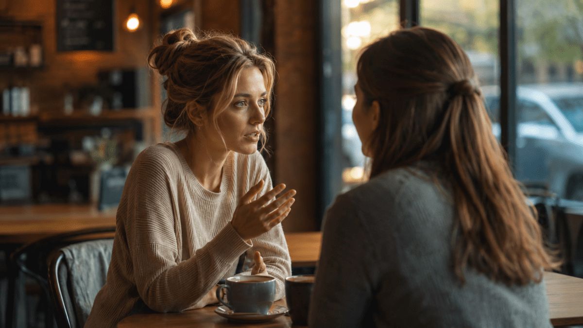 Two women talk over coffee about who you are and where you are in life.