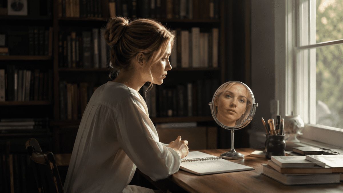 A woman reflects on who you are and where you are while writing in a quiet study.