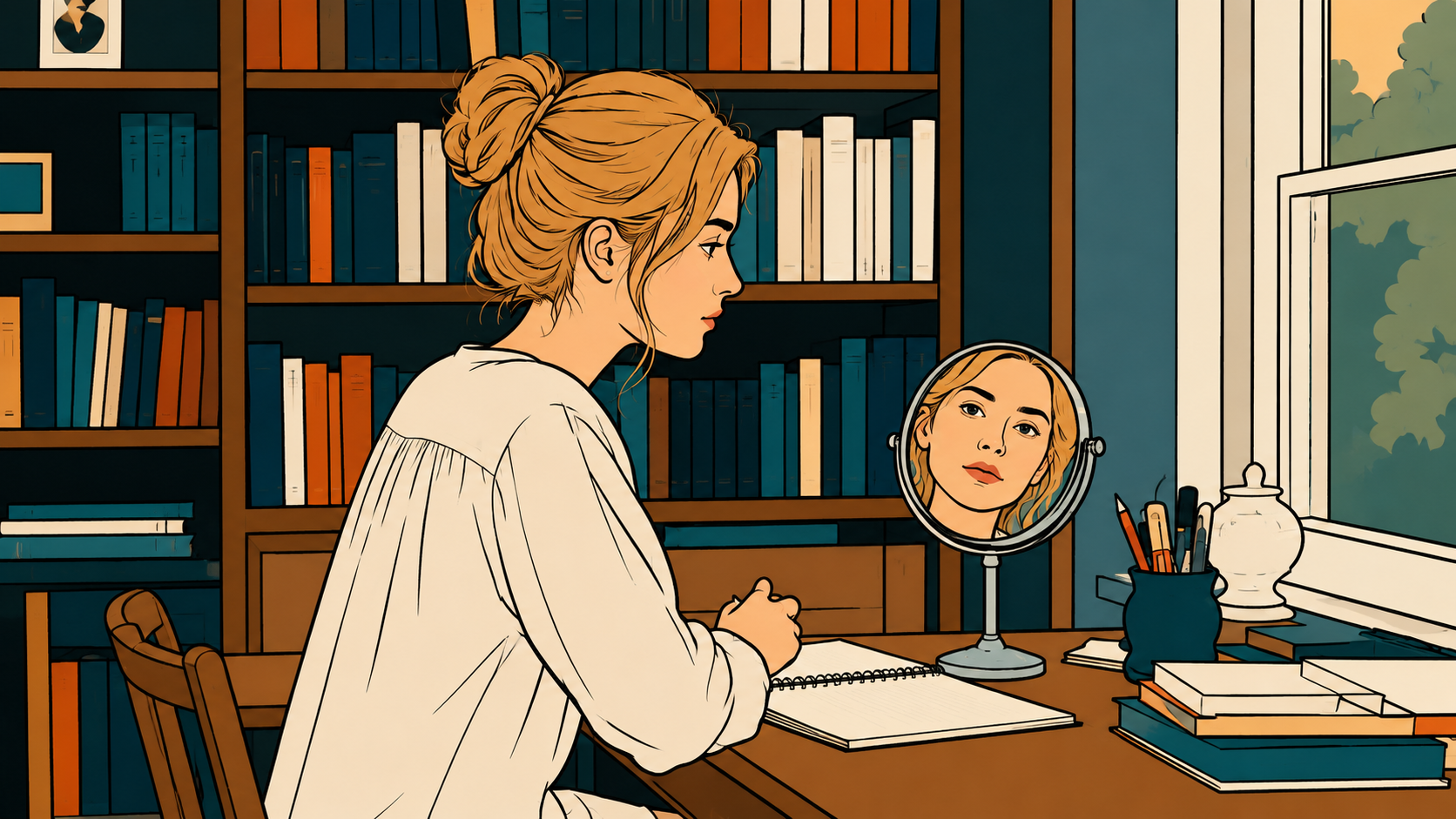 A minhwa-style illustration showing who you are and where you are meeting at a desk.