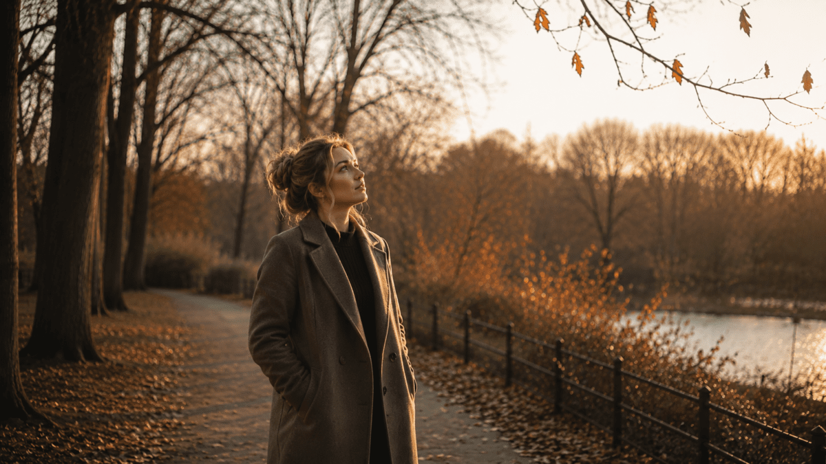 A woman pauses under autumn trees, sensing who you are and where you are right now.