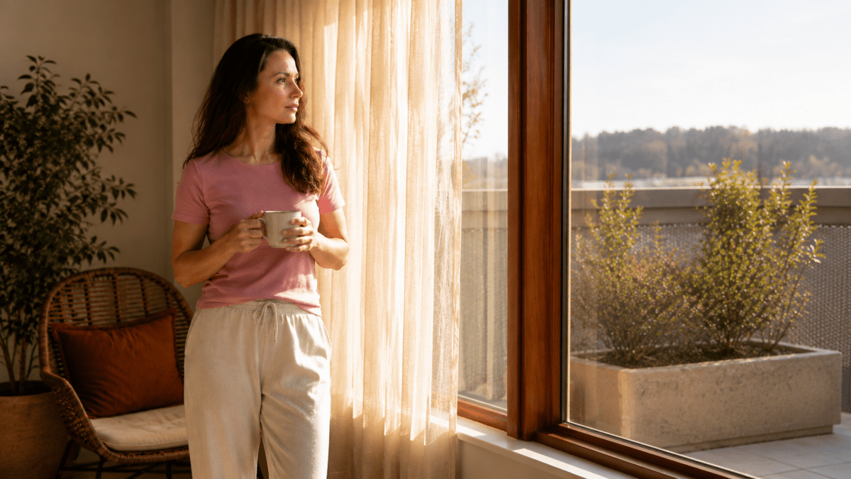 Woman holding a warm cup of coffee by the window, reflecting on how worth and safety became conditional patterns learned in childhood.