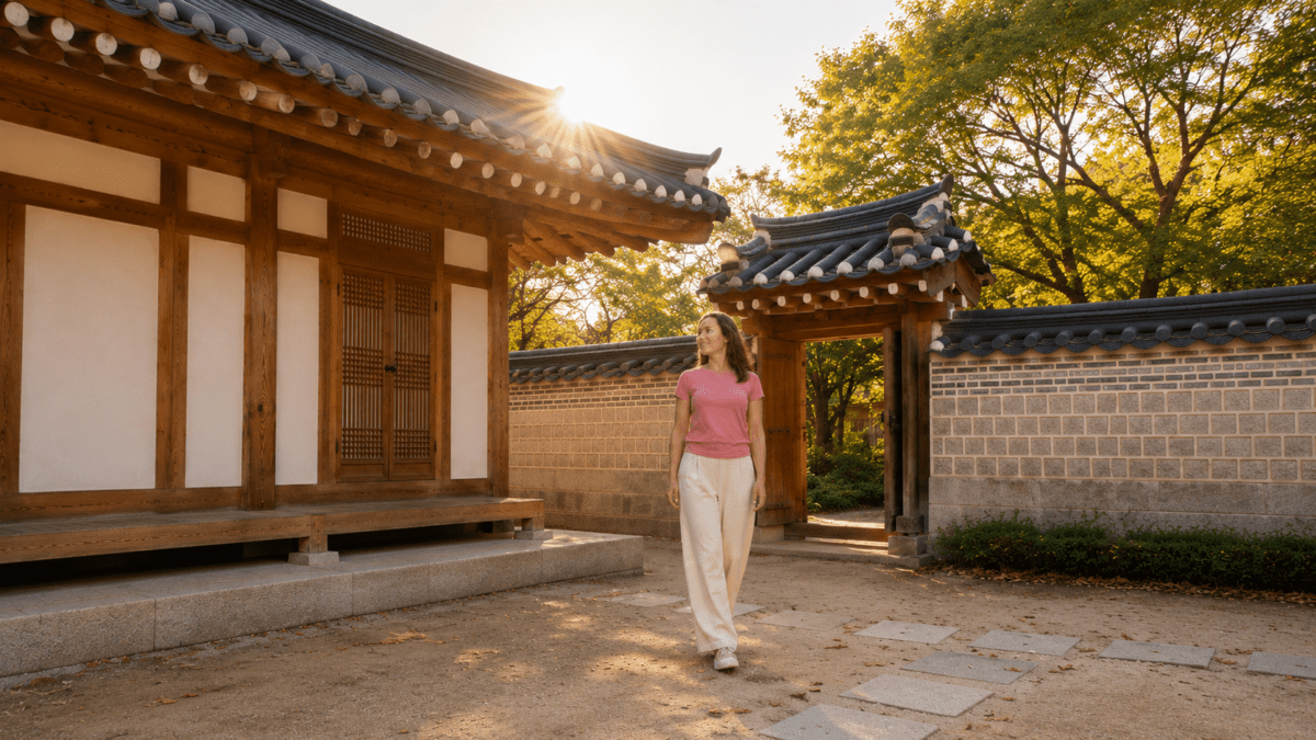 Woman walking alone through a traditional hanok courtyard in golden sunlight, reflecting on how worth and safety became inseparable from the need to constantly prove oneself.