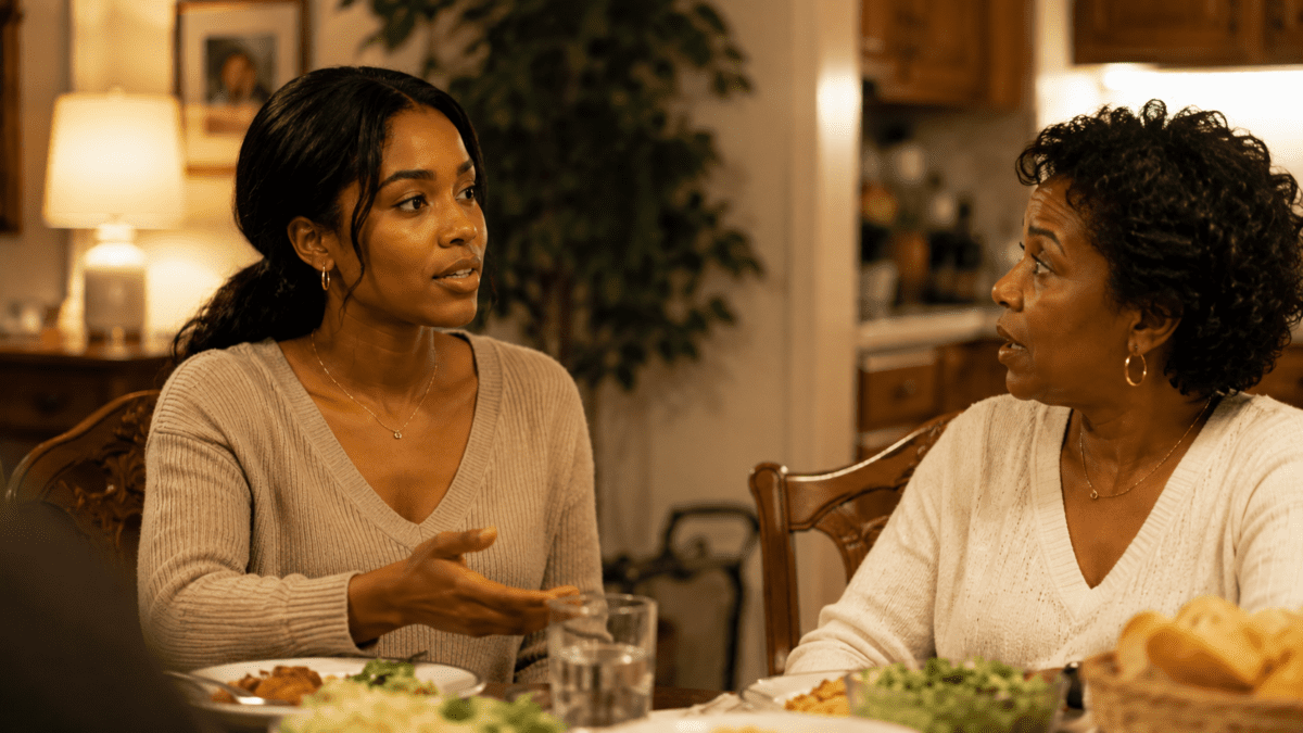 Woman speaking openly to her mother at dinner, one of the wrong major lessons she carries forward.