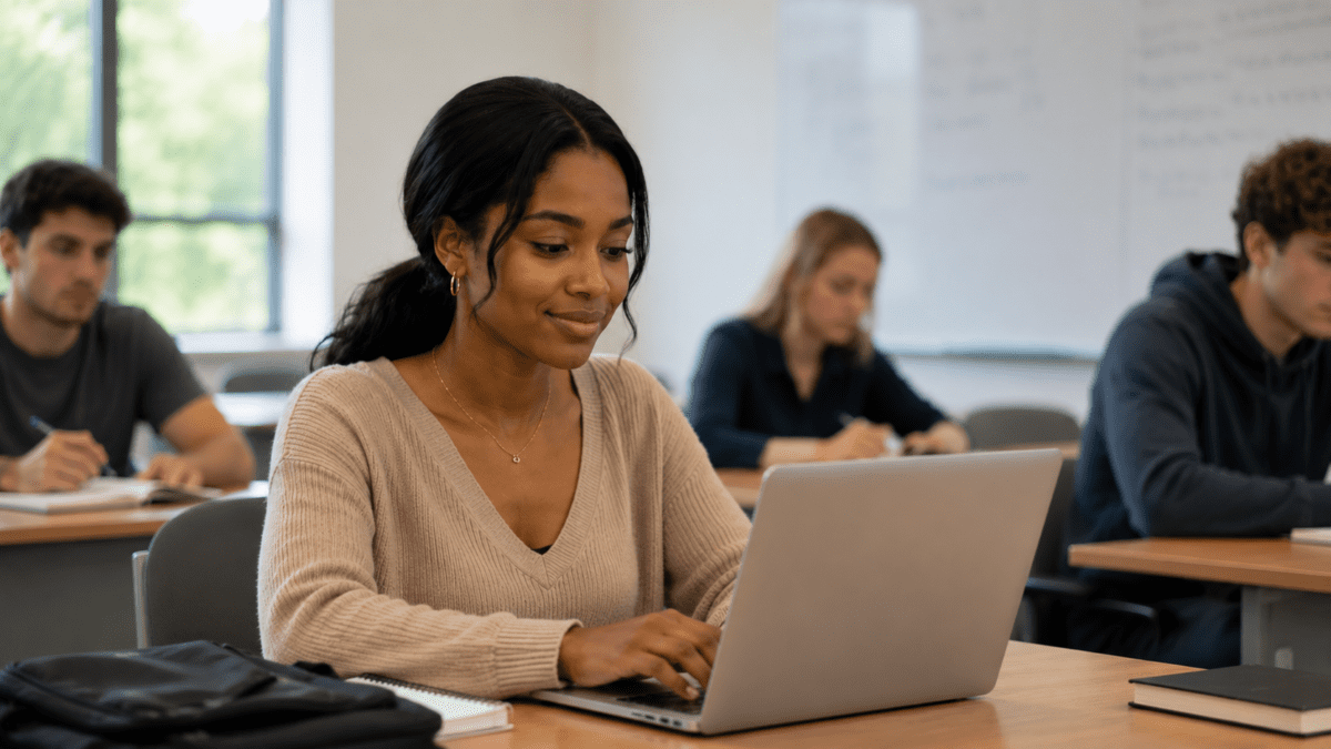 Woman smiling at her laptop in class, living an ordinary Tuesday shaped by her wrong major lessons.