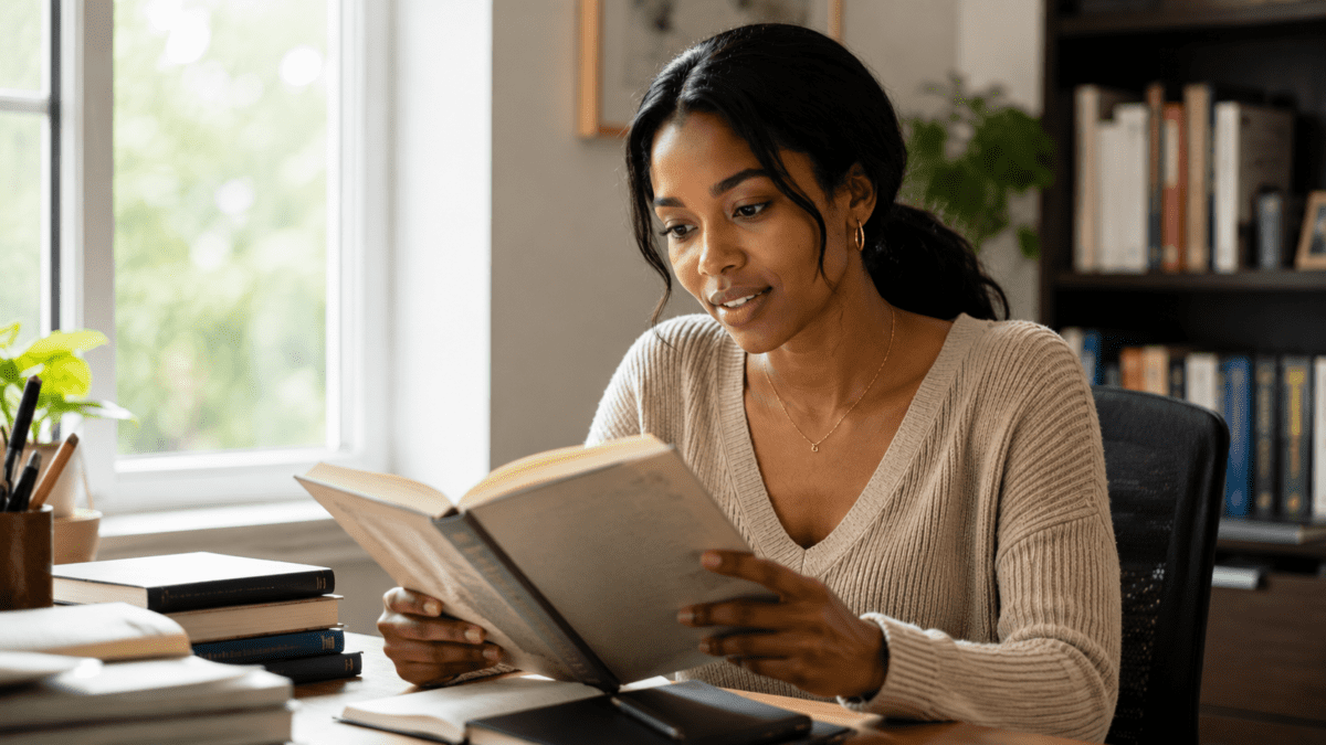 Woman reading curiously at her desk, rediscovering interest as one of her wrong major lessons.