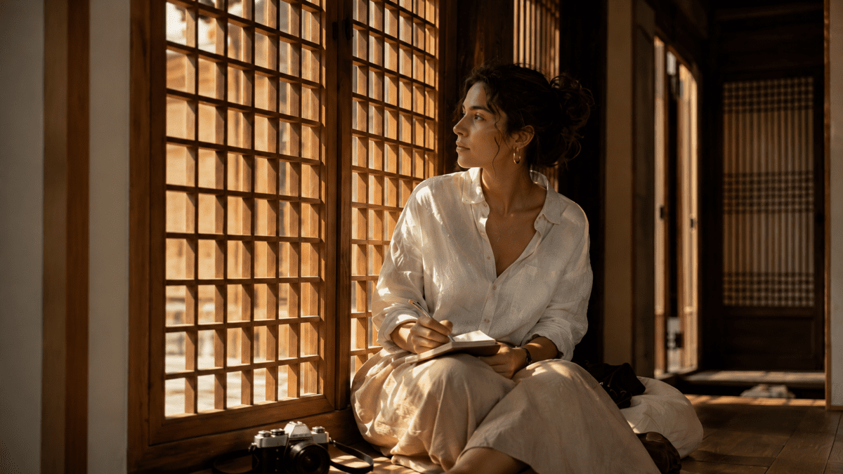 Woman in traditional hanok room with book and camera, discovering her authentic preferences and honoring what her body truly needs