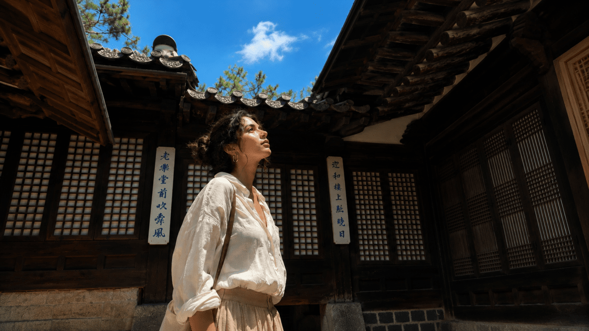 Woman in traditional Korean hanok courtyard gazing upward in contemplation, discovering her authentic rhythm and listening to her true self