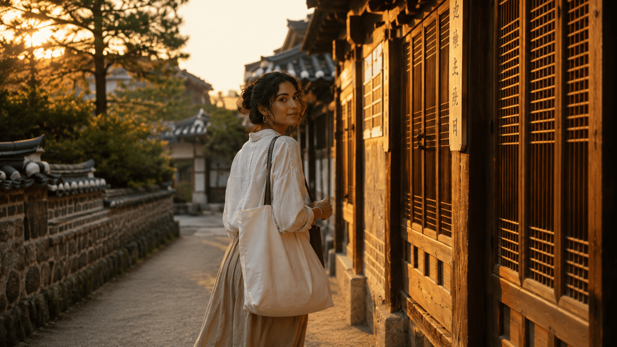 Woman walking through traditional Korean village at golden hour with quiet confidence, maintaining her authentic rhythm amid life's disruptions