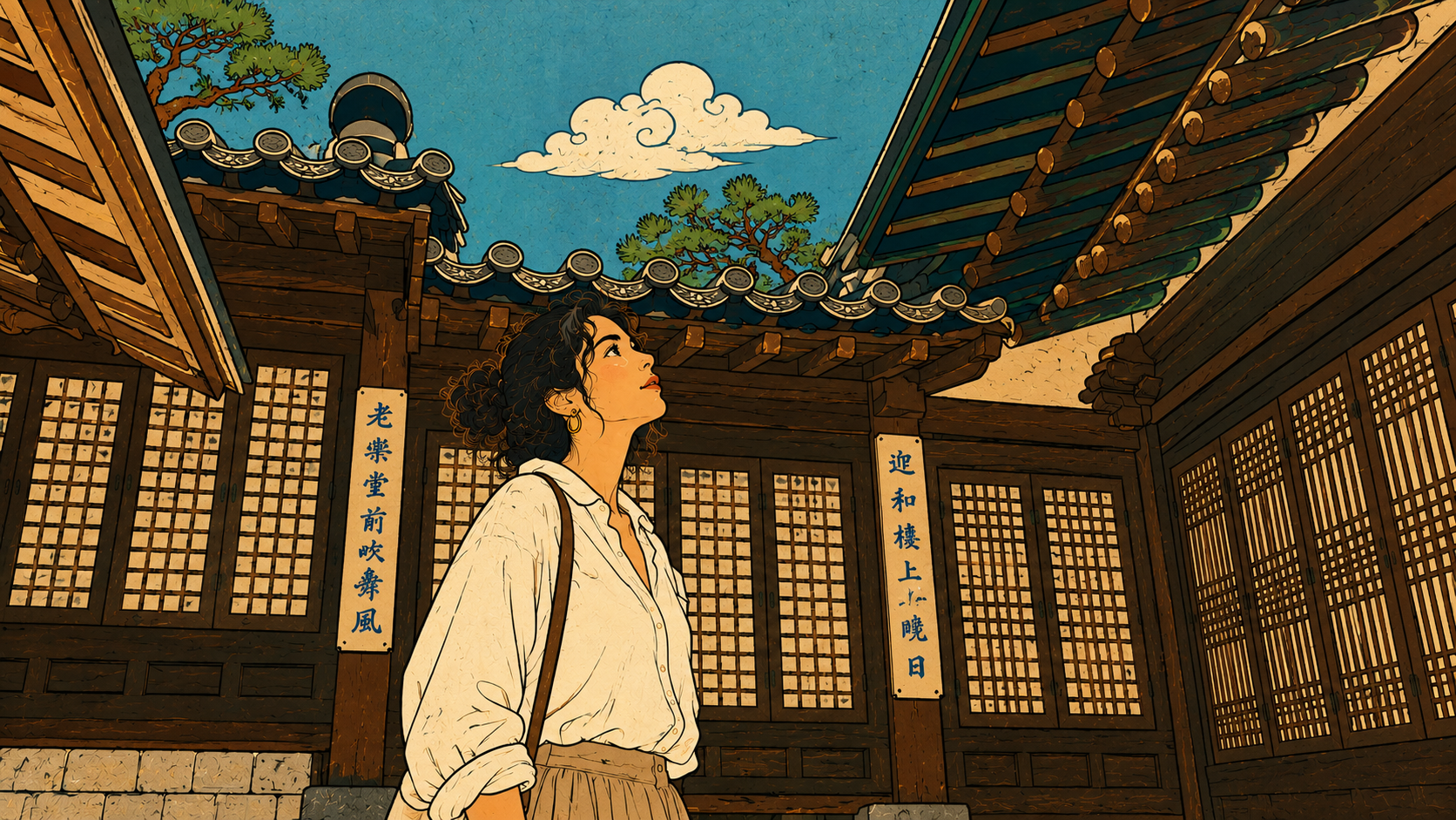 Illustration of woman in traditional Korean hanok courtyard gazing upward at sky, discovering and honoring her authentic rhythm and true self