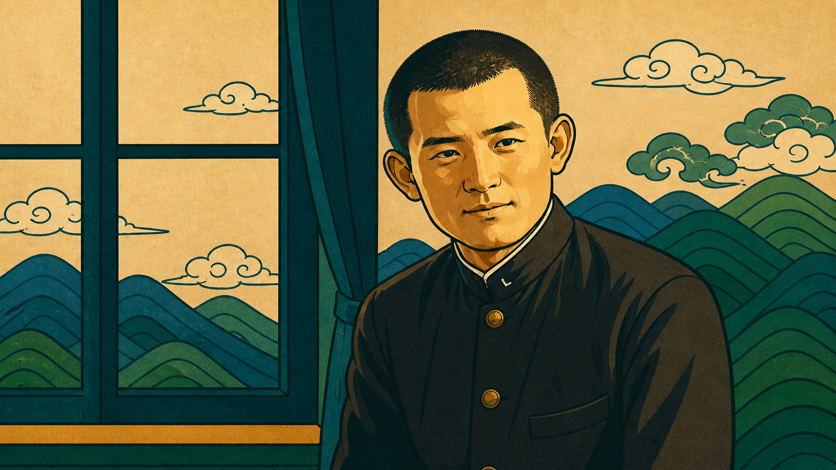 illustrated portrait of Yun Dong-ju with Korean landscape inspired by traditional minhwa art