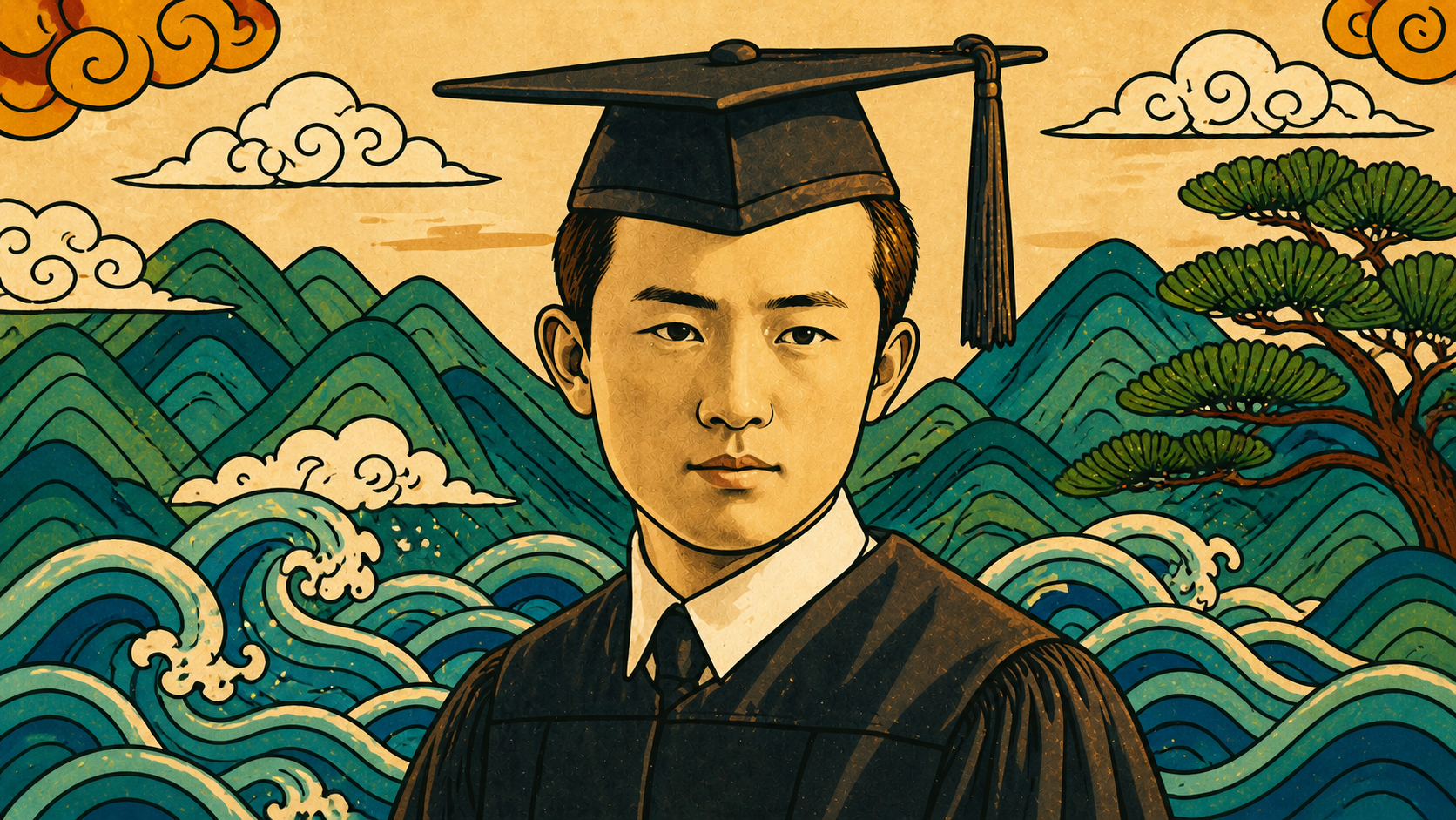 illustrated graduation portrait inspired by Yun Dong-ju’s poetry and Korean cultural landscape