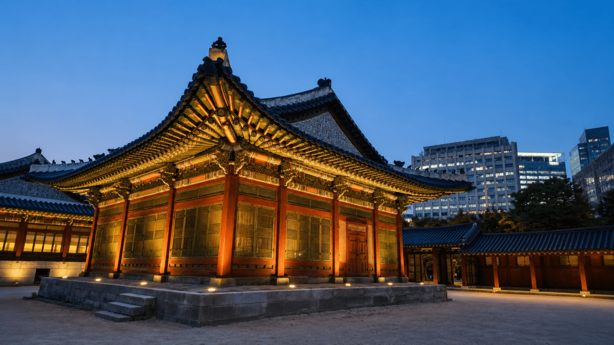 Traditional Korean palace at night reflecting the cultural tension and historical atmosphere surrounding Isang Yun.
