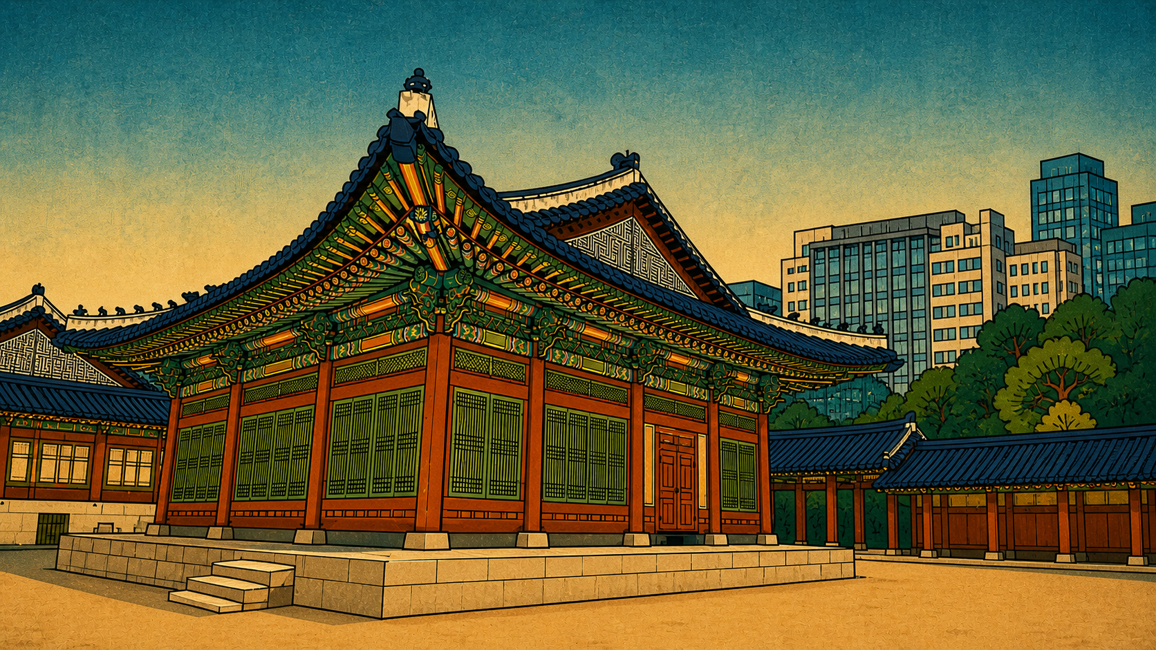 Traditional Korean palace and modern city skyline reflecting the East-West identity central to Isang Yun’s life and music.