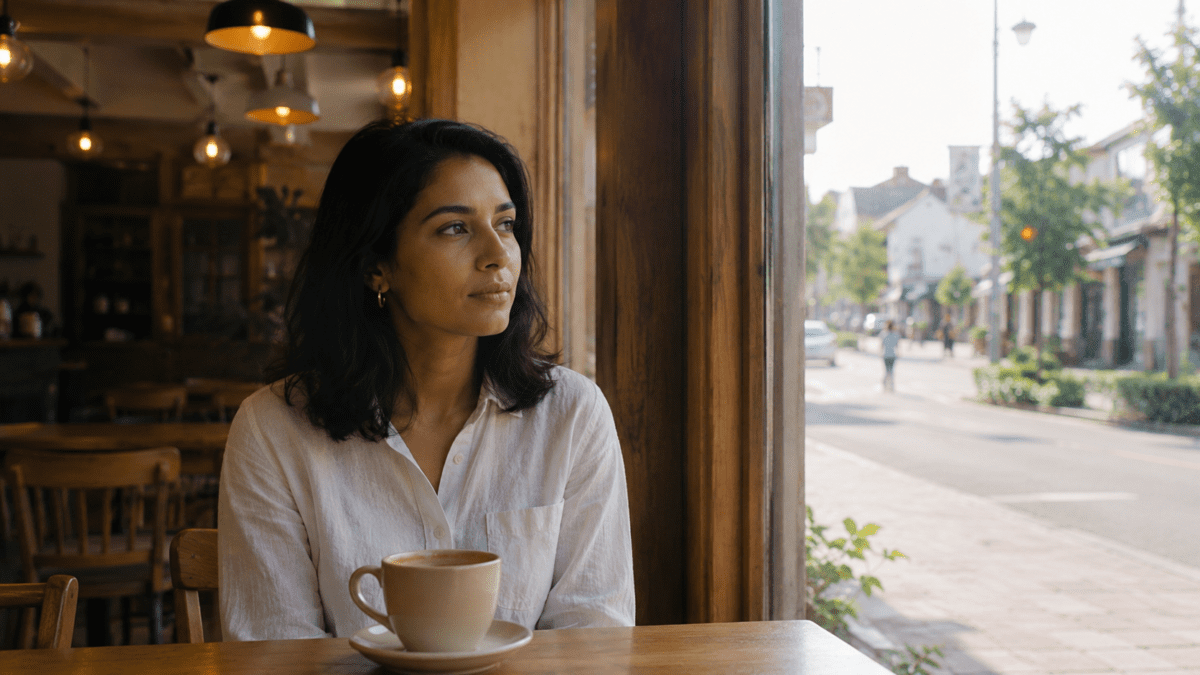 Woman sits alone at a Gangneung café window in early morning, coffee in front of her, getting over a situationship.