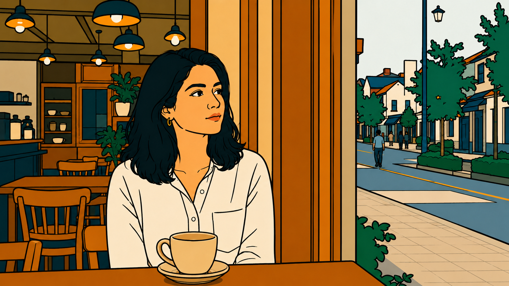 Illustration of a woman alone at a quiet café window in the early morning, getting over a situationship.