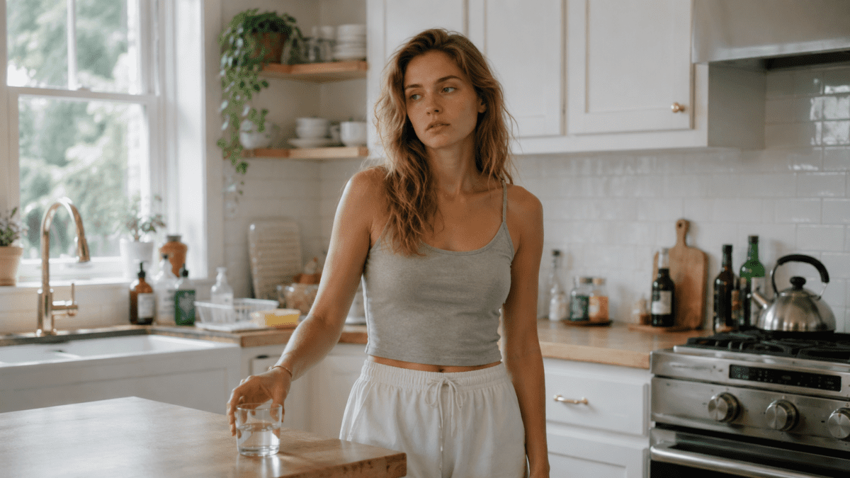 Woman stands in her kitchen with a glass of water untouched, the body awake somewhere it doesn't need to be.