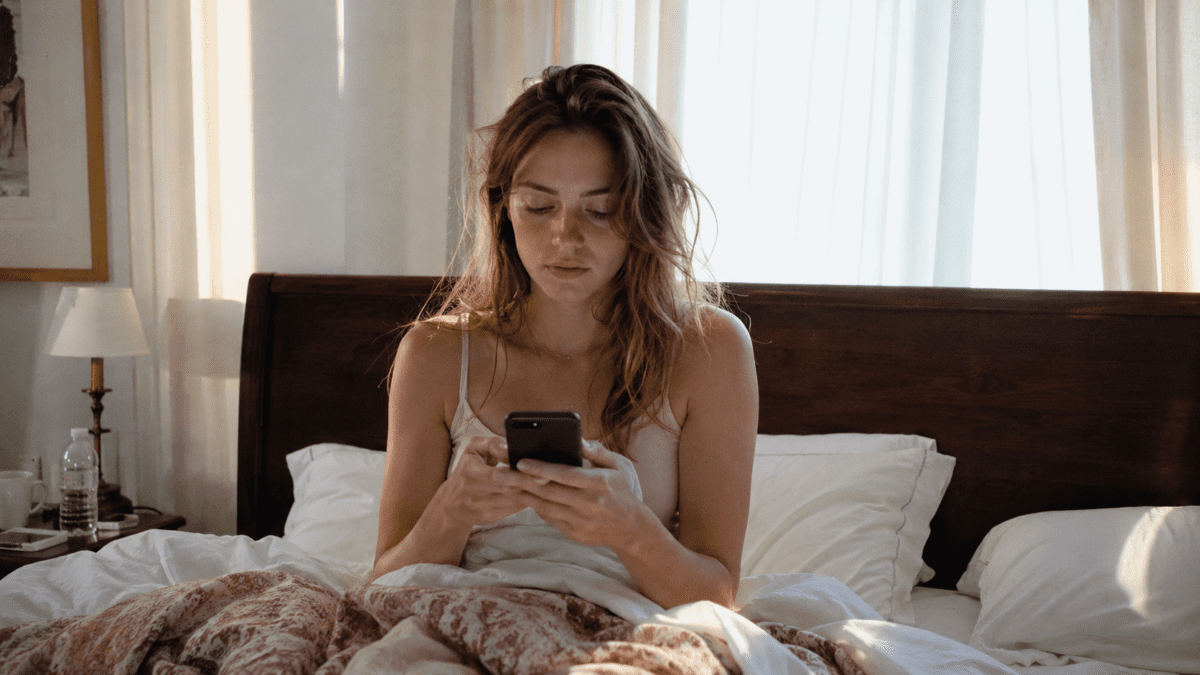 Woman sits up in bed with her phone in both hands at first light, cherophobia keeping her checking for nothing.
