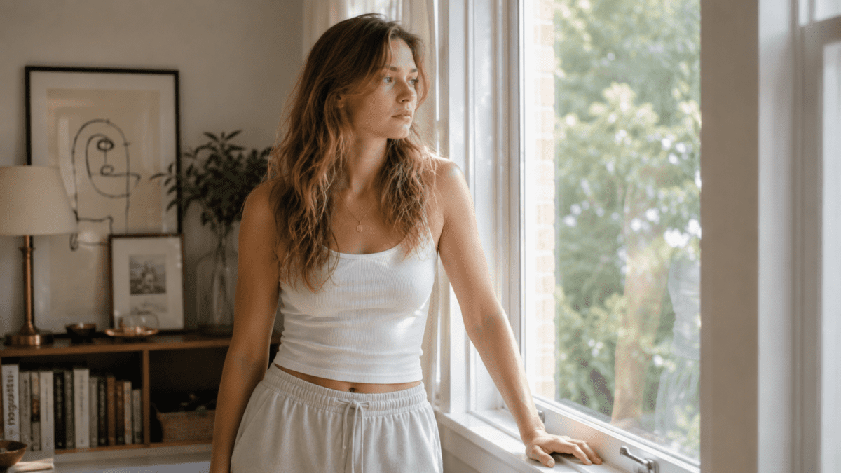 Woman stands at a window with her hand on the sill, the feeling tracking the size of the want, not the odds of failure.