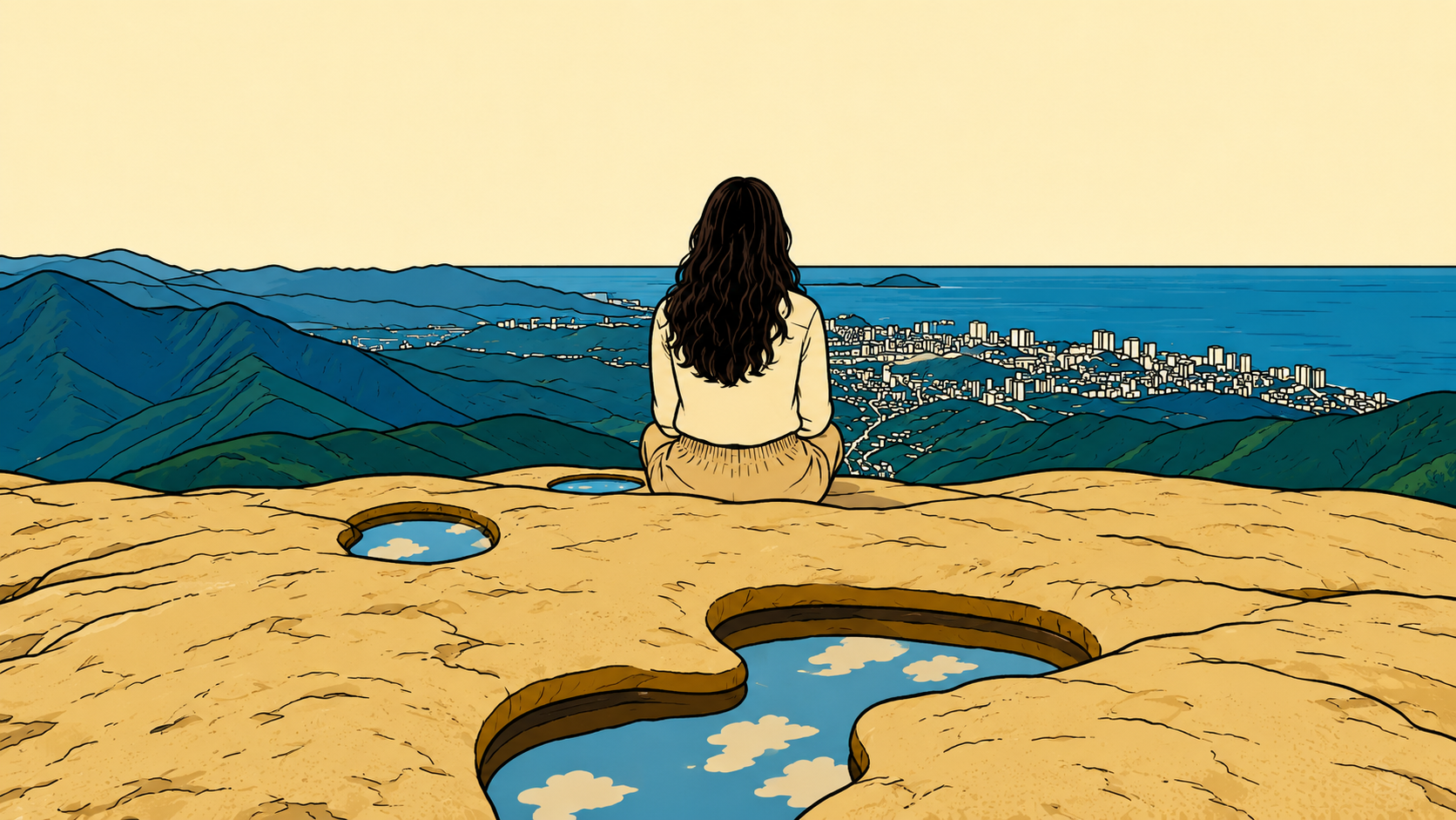 A minhwa-style illustration of a Hispanic woman sitting alone on a rocky summit, apologizing for things that didn't happen reflected in the still pools around her.