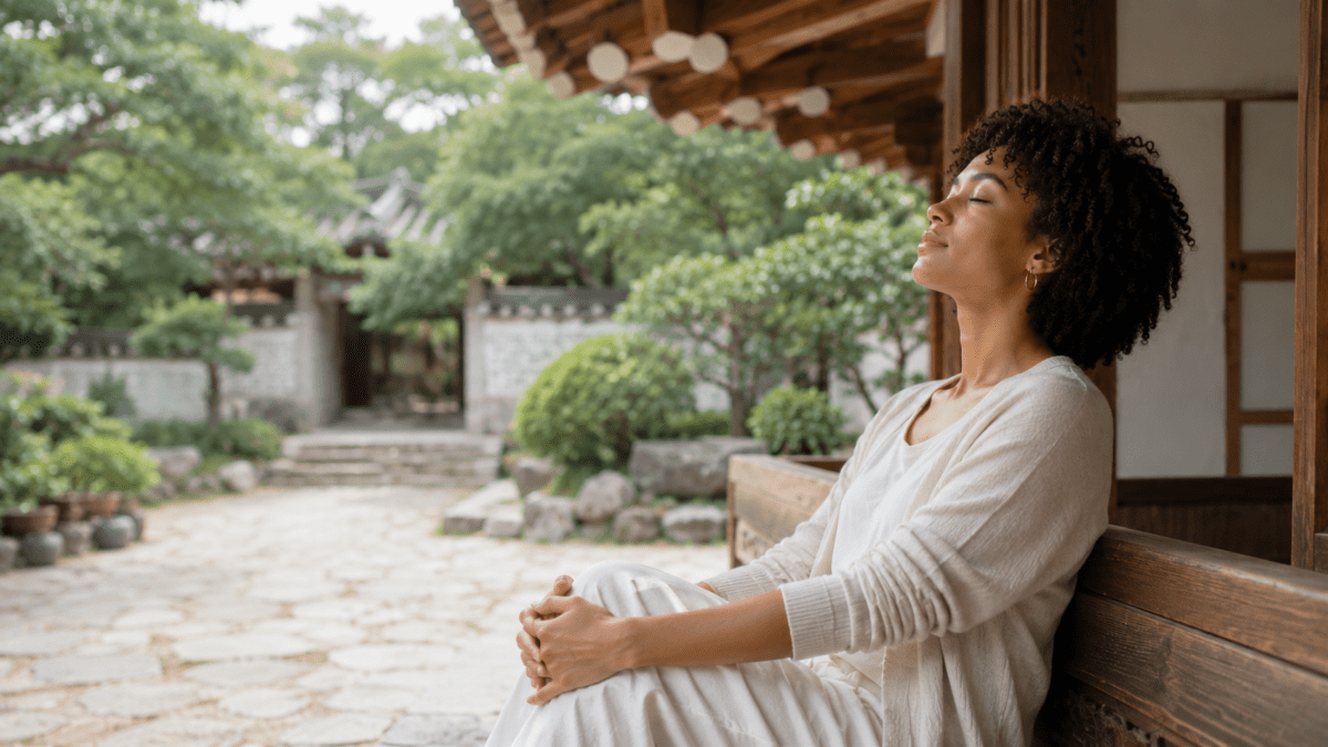 A woman rests in a hanok courtyard, eyes closed, hands still — the specific fatigue of approval seeking with nowhere left to monitor.