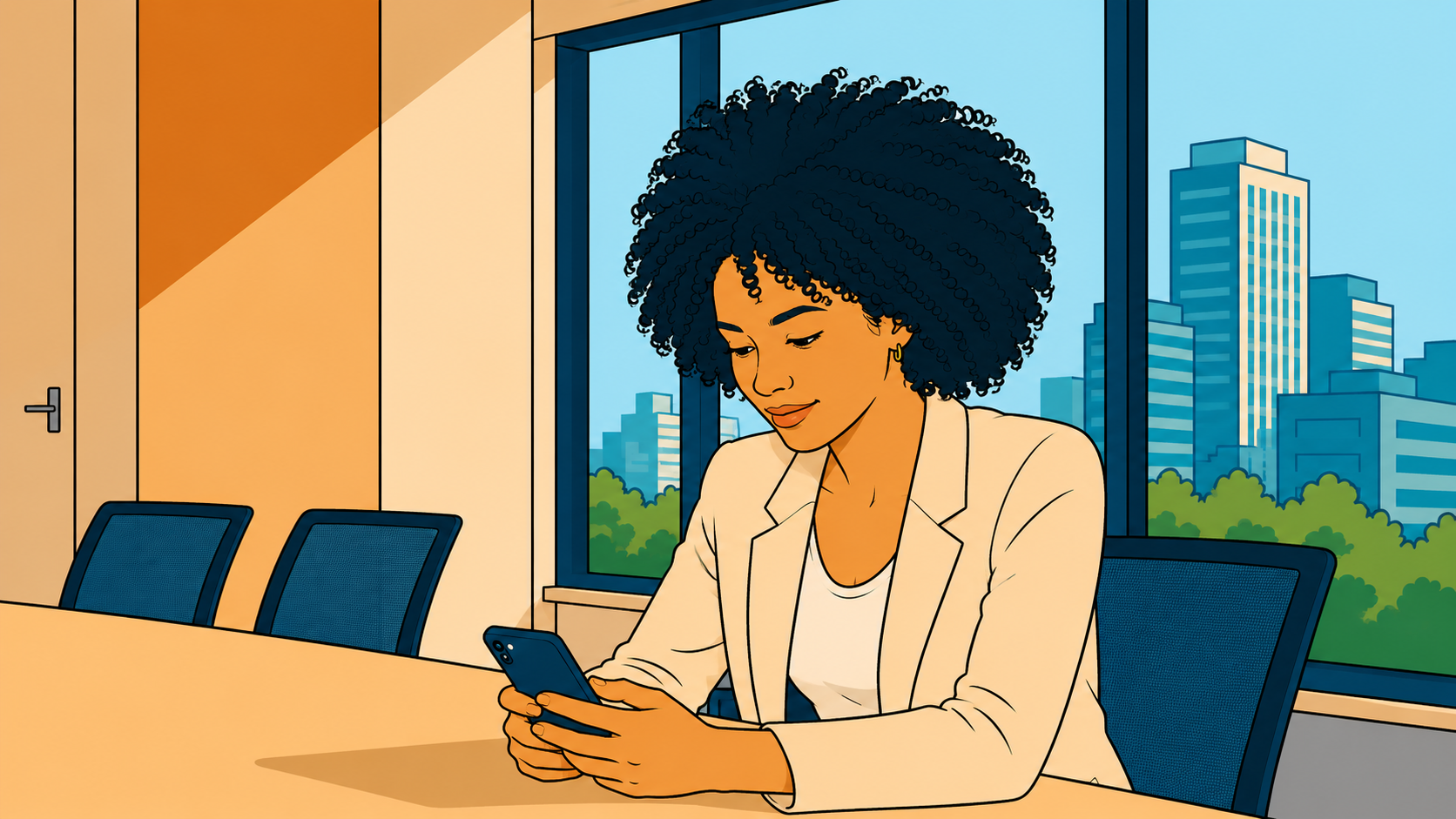 A woman checks her phone alone in a meeting room — the approval seeking loop already resetting before she looks up.
