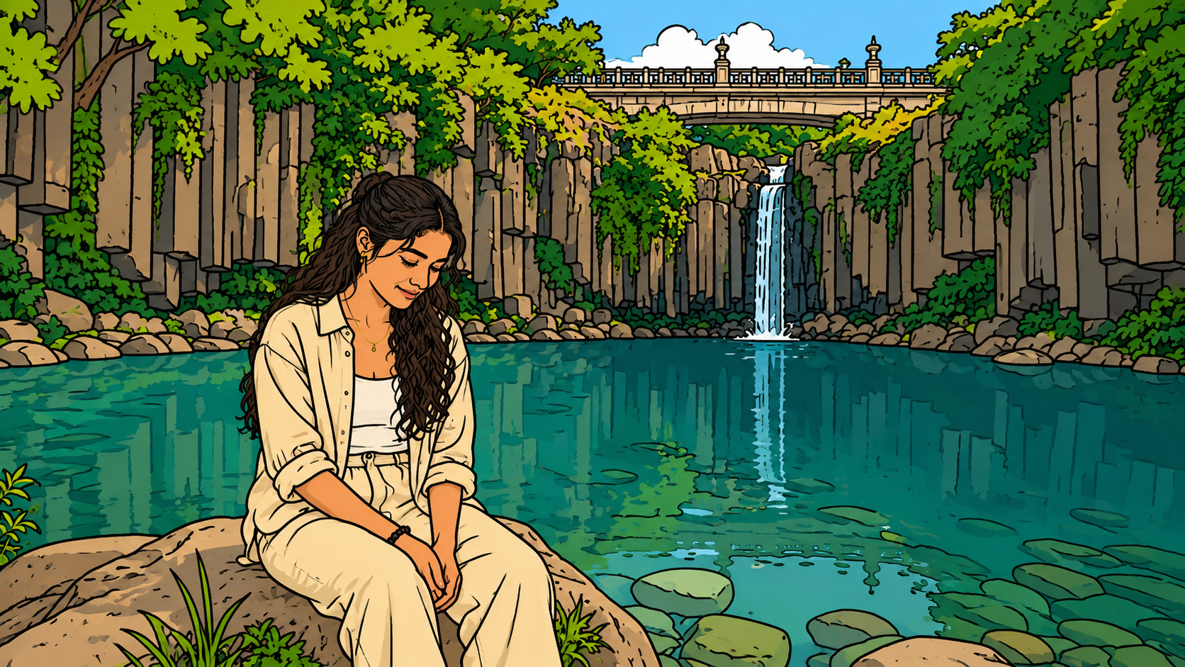 A modern minhwa-style thumbnail illustration featuring a contemplative woman, volcanic cliffs, and a calm coastal landscape inspired by Jeju Island.