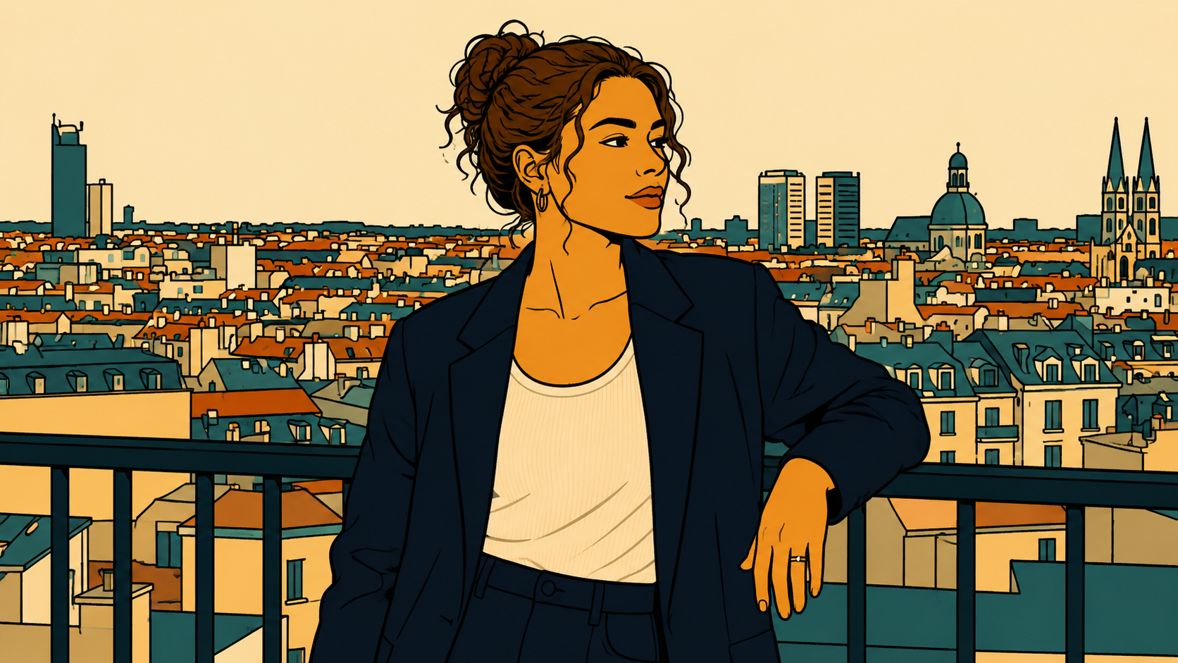 Illustration of woman leaning on a rooftop railing, authenticity built slowly in moments like this.