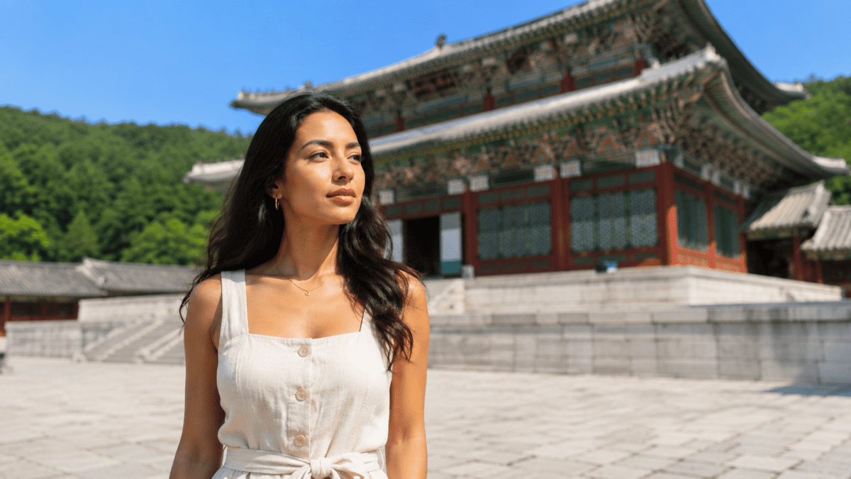Woman in the stone courtyard of a Korean royal palace — legitimate power and Jeong-gwan in K-Saju.