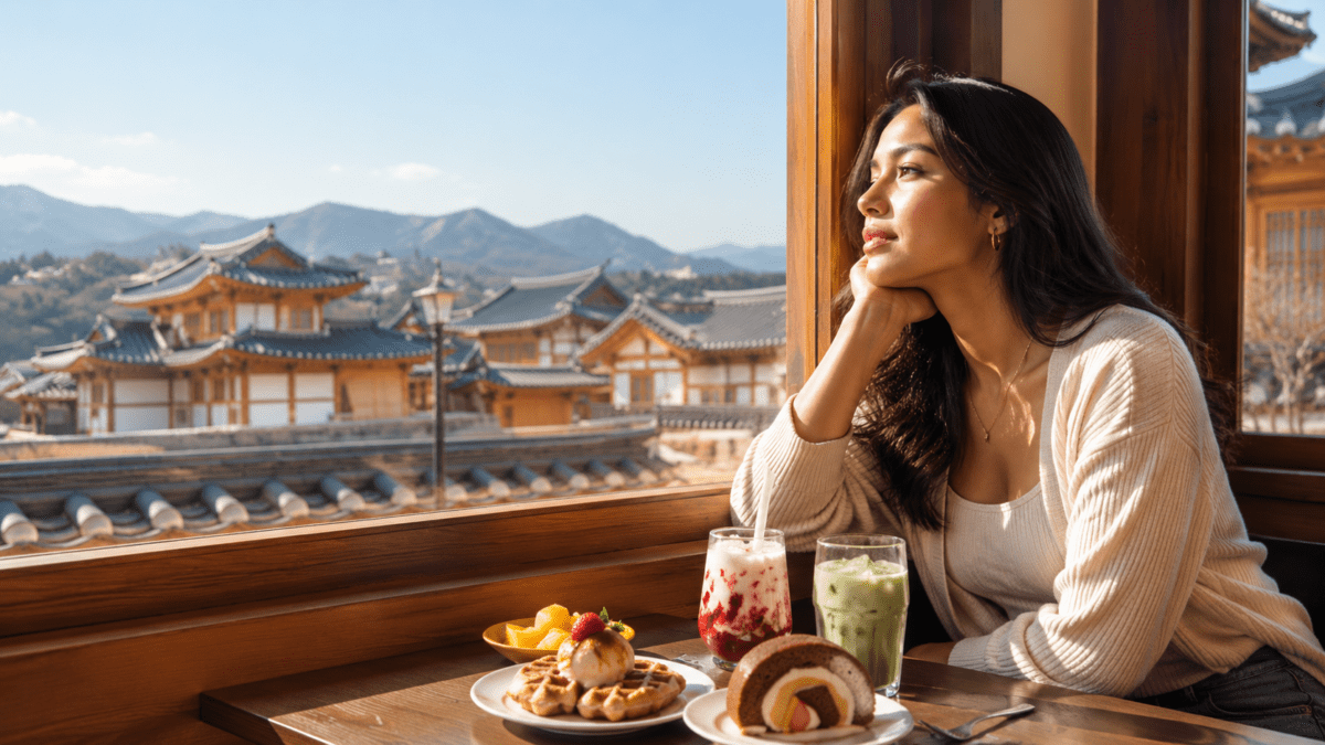 Woman by a café window overlooking traditional Korean rooftops — strong Jeong-gwan and authority order in K-Saju.