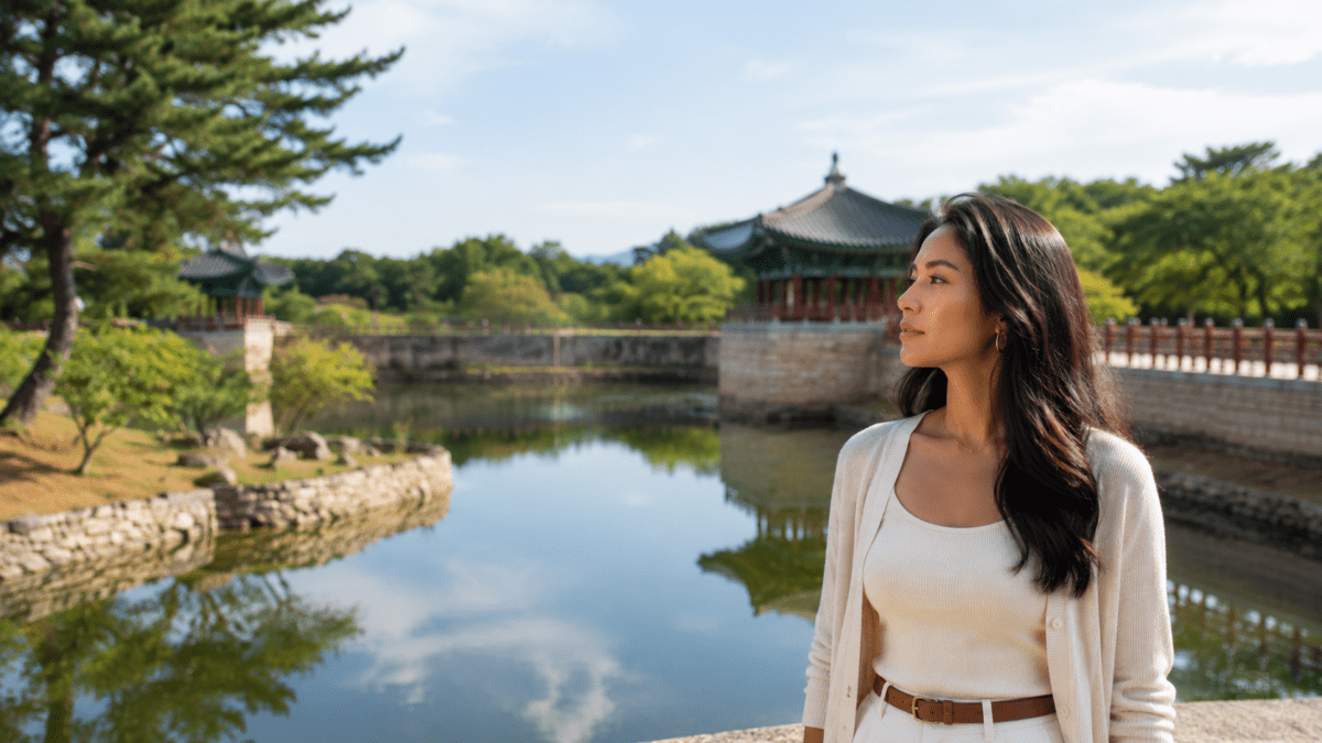 Woman beside Wolji Pond in Gyeongju, seeing her authority structure clearly — K-Saju Jeong-gwan and legitimate power.