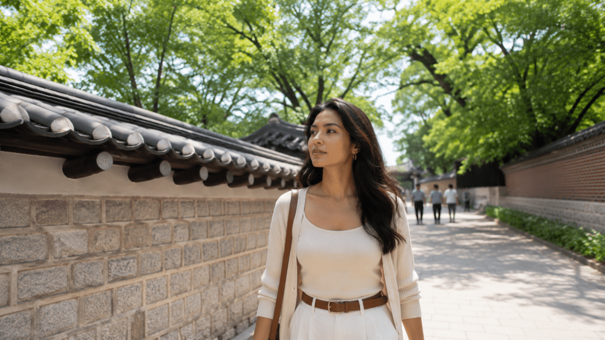 Woman on Deoksugung Doldam-gil palace wall path — weak Jeong-gwan and contested authority in K-Saju.