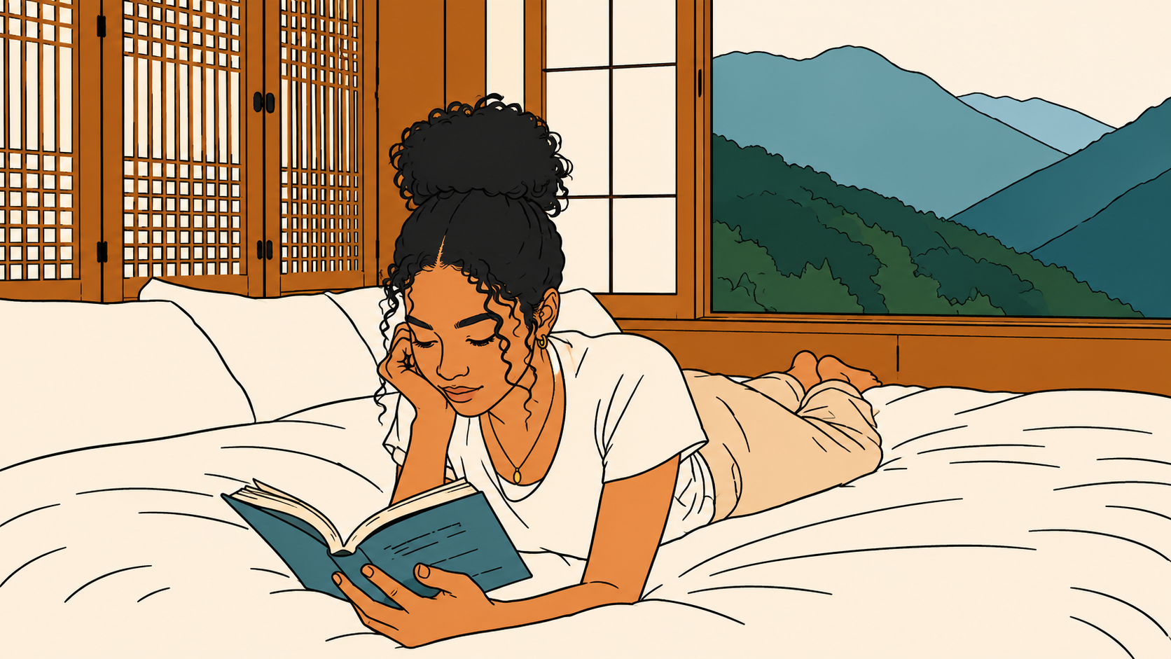 Illustration of a woman reading on a bed by a Korean mountain window — being present in a relationship with the moment, the management system nowhere in sight.