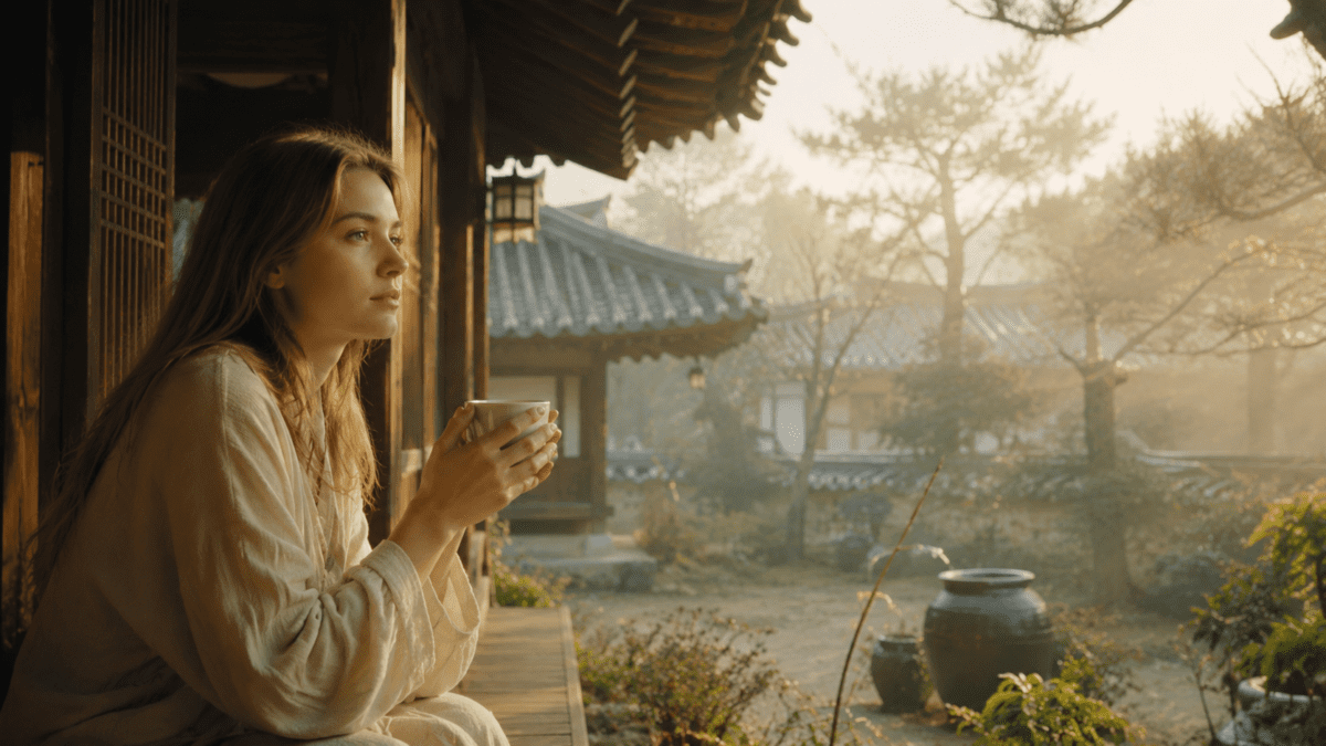 Woman with tea in hand, gaze past the mist, the first burnout signs arriving as a slightly different morning.