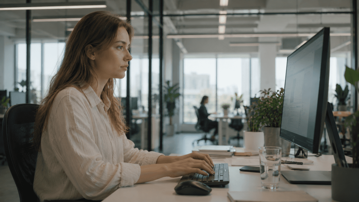 Woman still typing at her desk, burnout signs showing up as efficiency without warmth.