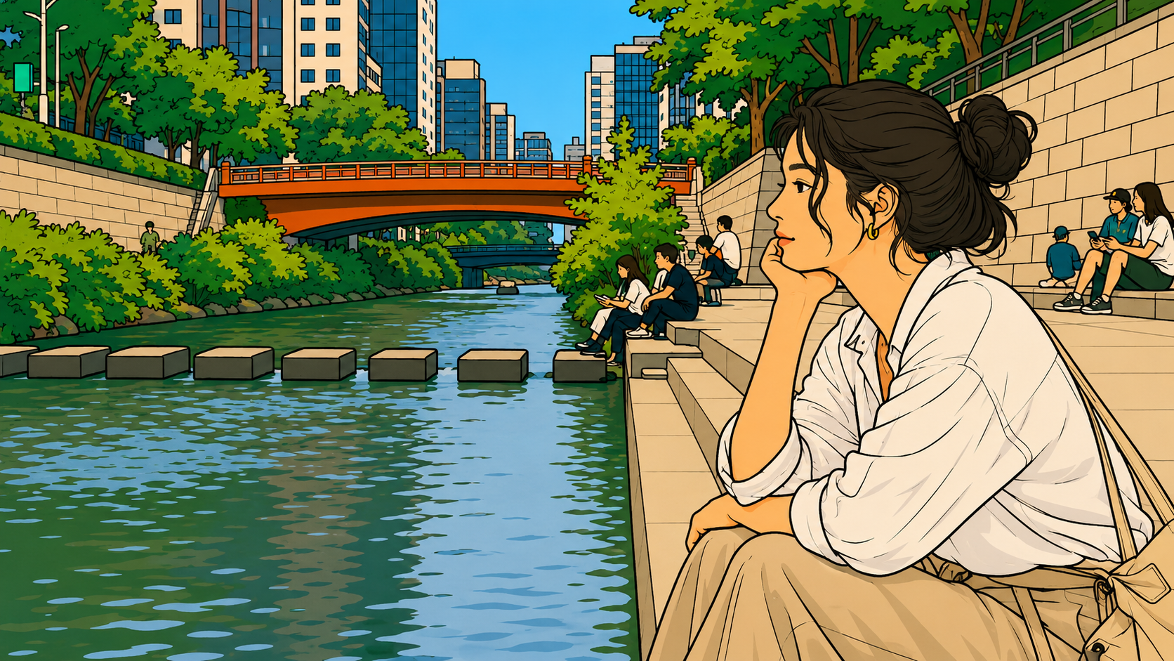 Illustrated, a woman sits beside Cheonggyecheon stream, chin in hand, watching the water. A red bridge crosses behind her. The city rises above the trees.