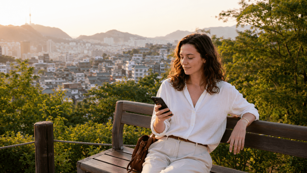Woman sits on a Naksan Park bench at golden hour, smiling at her phone with Seoul spread out behind her.