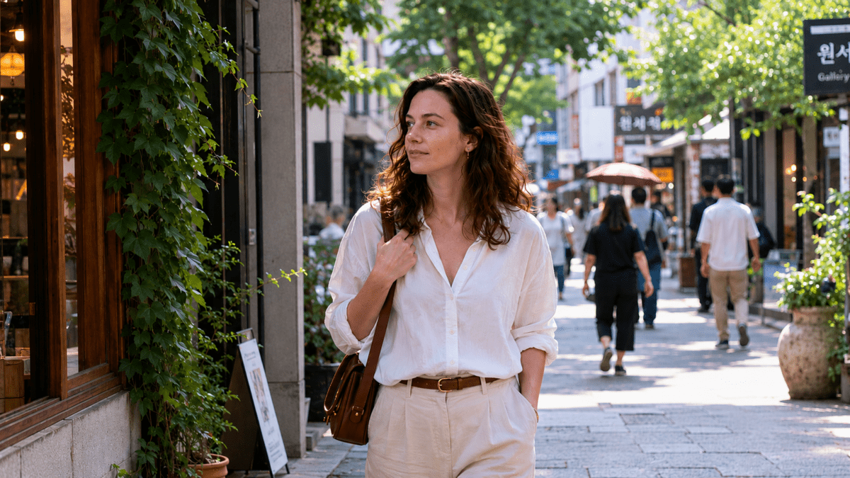 Woman walks alone through a Jongno alley in midsummer, passing familiar streets with a distant expression.